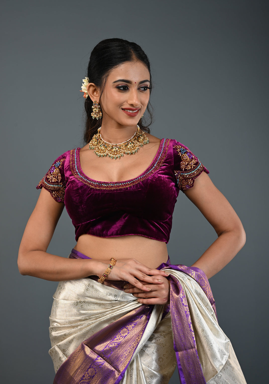 Purple Velvet Blouse with Antique Gold Floral Hand Zardosi, Sequins and Resham Meenakari work, Made to Order, Customizable