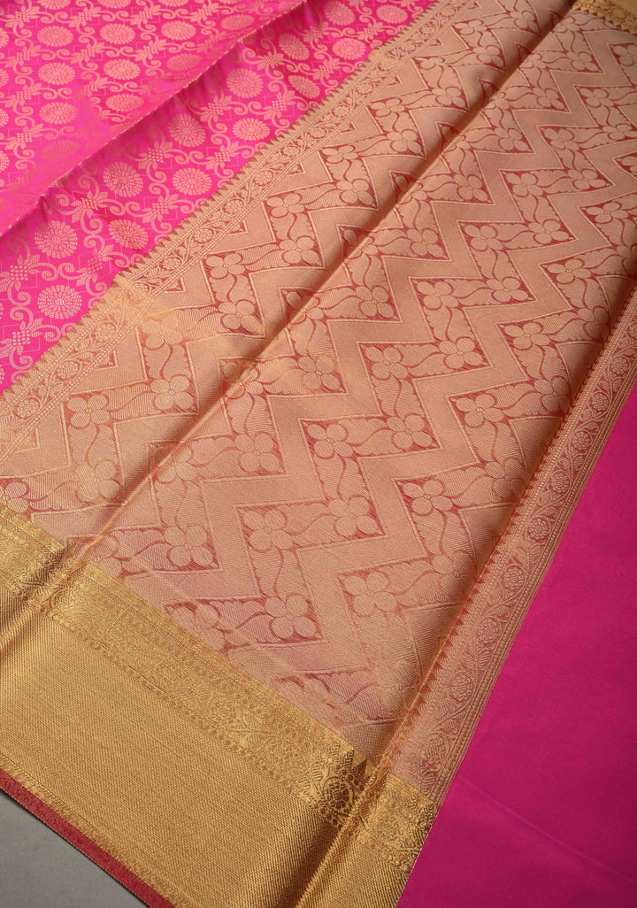 Rani Pink Semi Silk Saree with Floral Zari Brocade and Zari Border  | SHOBITAM