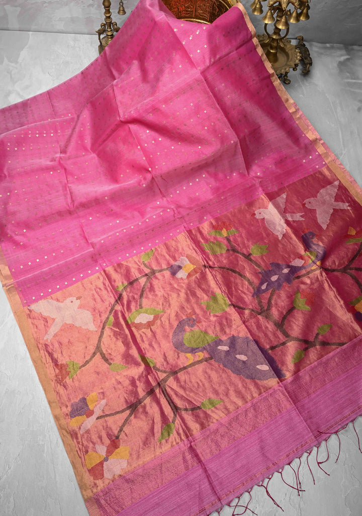 Pink Matka Muslin Saree with pocket sequins and Paithani Style Paluu | SILK MARK CERTIFIED