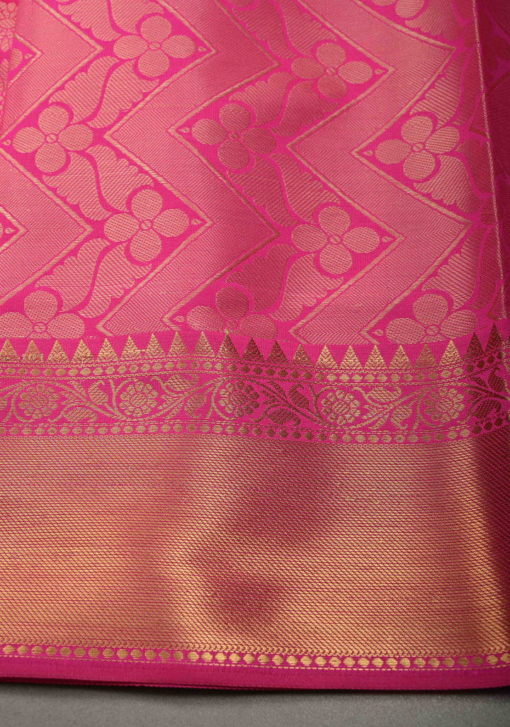 Rani Pink Semi Silk Saree with Floral Zari Brocade and Zari Border  | SHOBITAM