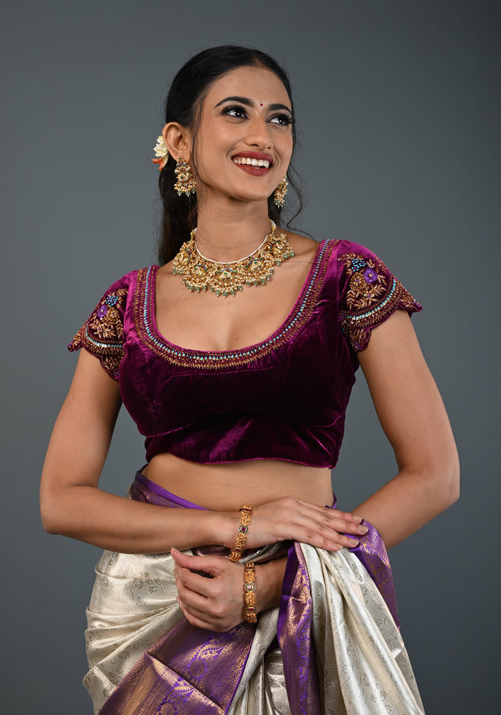 Purple Velvet Blouse with Antique Gold Floral Hand Zardosi, Sequins and Resham Meenakari work, Made to Order, Customizable
