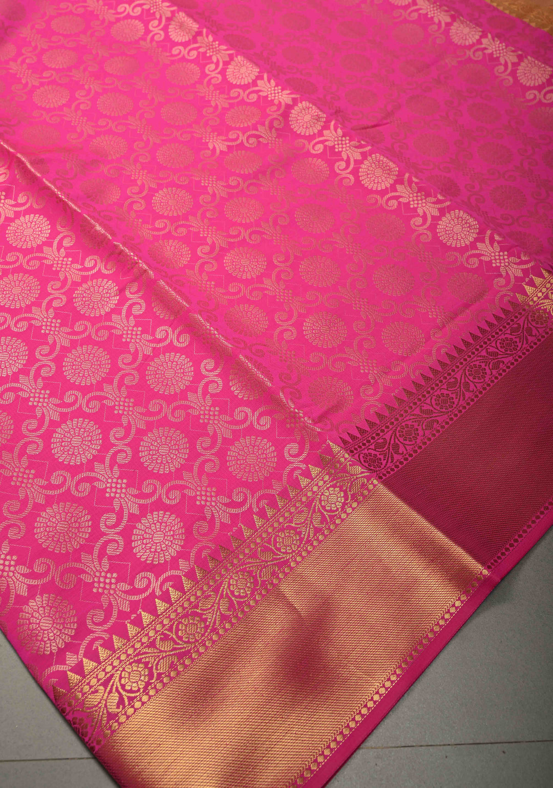 Rani Pink Semi Silk Saree with Floral Zari Brocade and Zari Border  | SHOBITAM