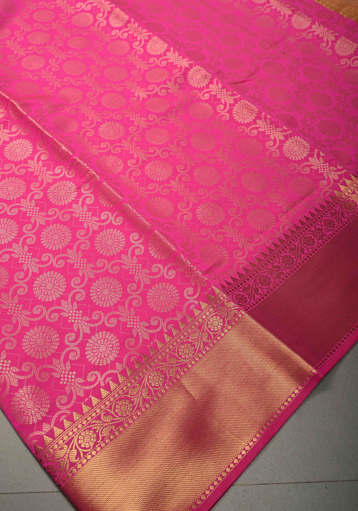 Rani Pink Semi Silk Saree with Floral Zari Brocade and Zari Border  | SHOBITAM