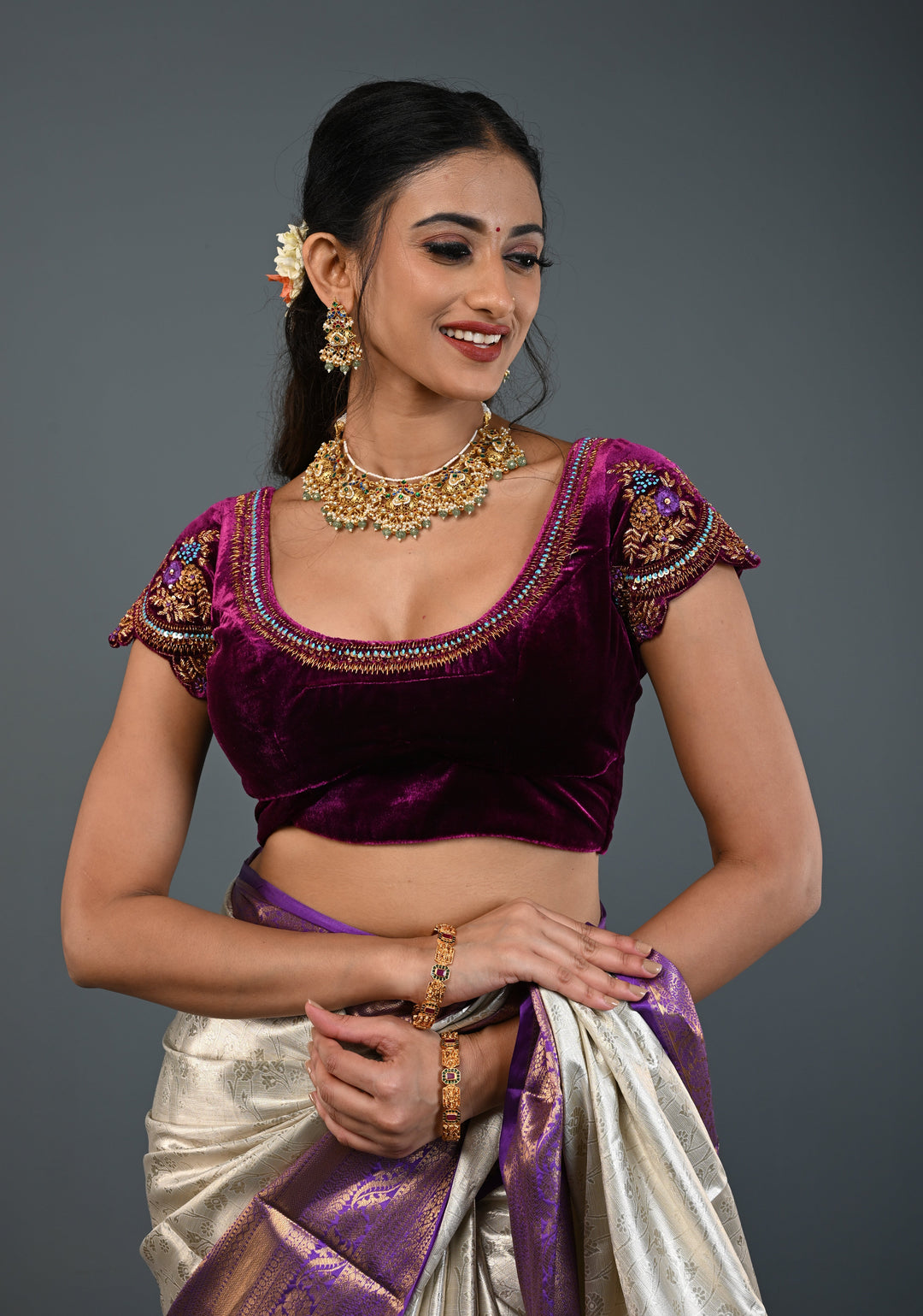 Purple Velvet Blouse with Antique Gold Floral Hand Zardosi, Sequins and Resham Meenakari work, Made to Order, Customizable