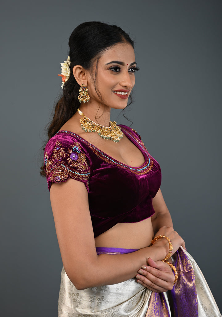 Purple Velvet Blouse with Antique Gold Floral Hand Zardosi, Sequins and Resham Meenakari work, Made to Order, Customizable