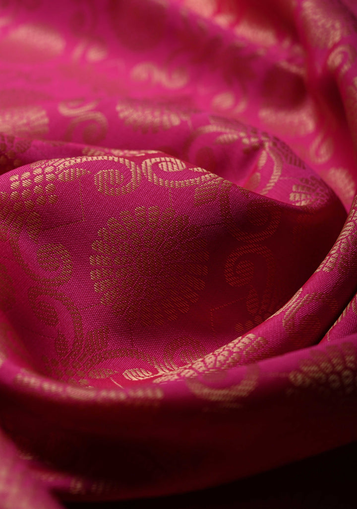 Rani Pink Semi Silk Saree with Floral Zari Brocade and Zari Border  | SHOBITAM