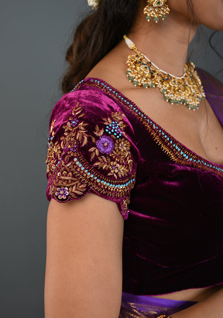 Purple Velvet Blouse with Antique Gold Floral Hand Zardosi, Sequins and Resham Meenakari work, Made to Order, Customizable