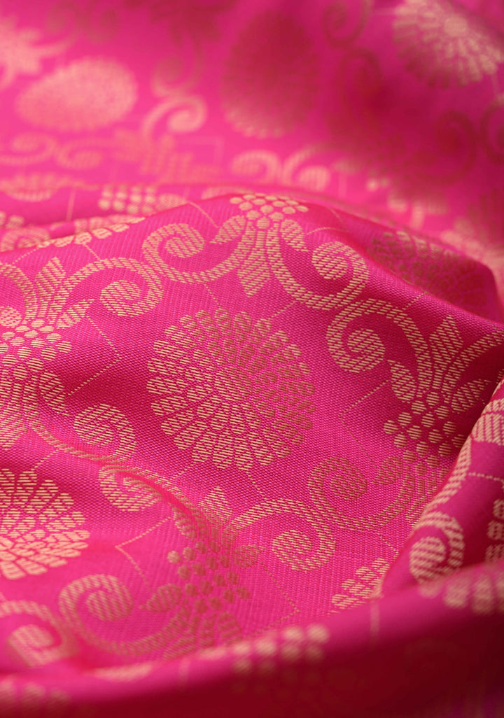 Rani Pink Semi Silk Saree with Floral Zari Brocade and Zari Border  | SHOBITAM