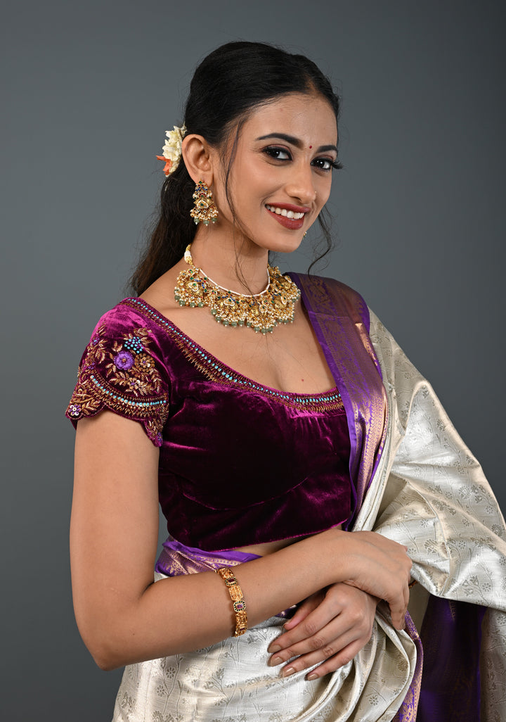 Purple Velvet Blouse with Antique Gold Floral Hand Zardosi, Sequins and Resham Meenakari work, Made to Order, Customizable