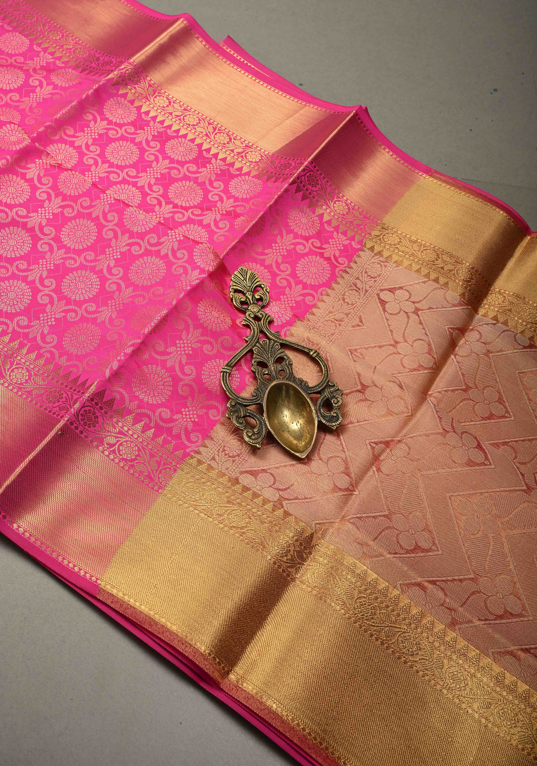 Rani Pink Semi Silk Saree with Floral Zari Brocade and Zari Border  | SHOBITAM