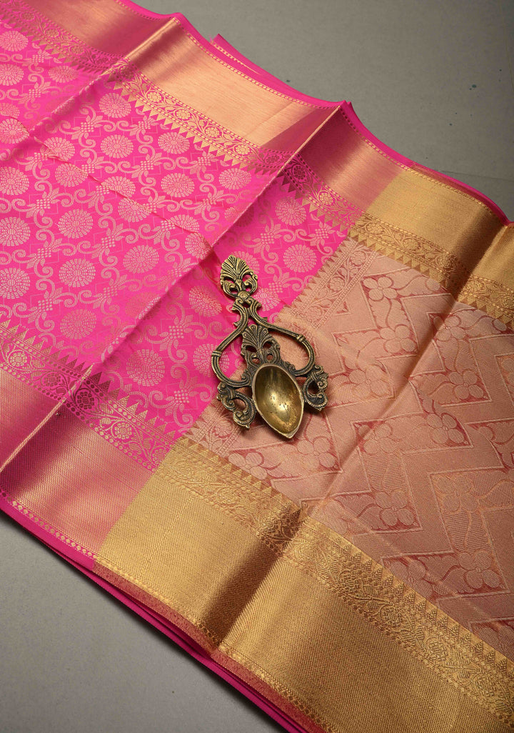 Rani Pink Semi Silk Saree with Floral Zari Brocade and Zari Border  | SHOBITAM