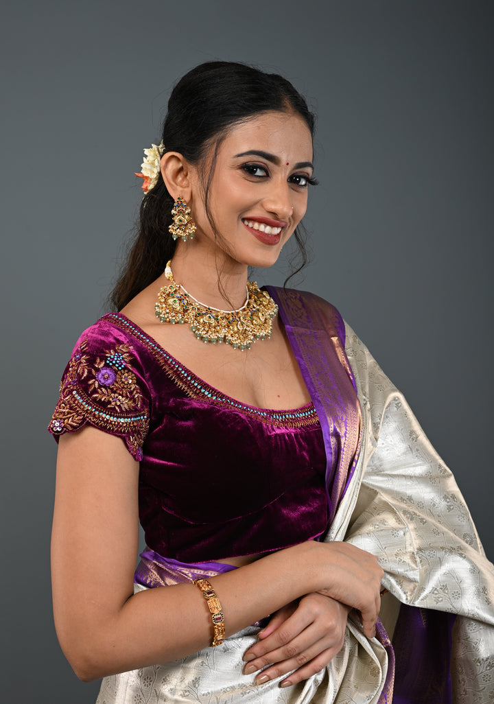 Purple Velvet Blouse with Antique Gold Floral Hand Zardosi, Sequins and Resham Meenakari work, Made to Order, Customizable