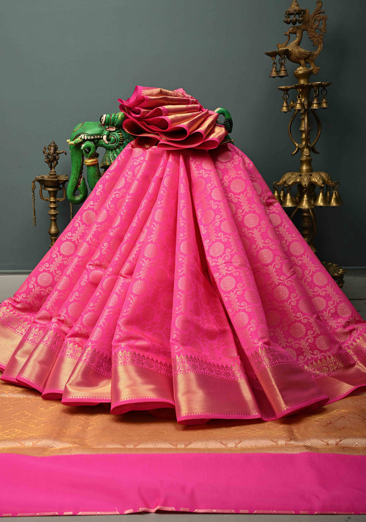 Rani Pink Semi Silk Saree with Floral Zari Brocade and Zari Border  | SHOBITAM