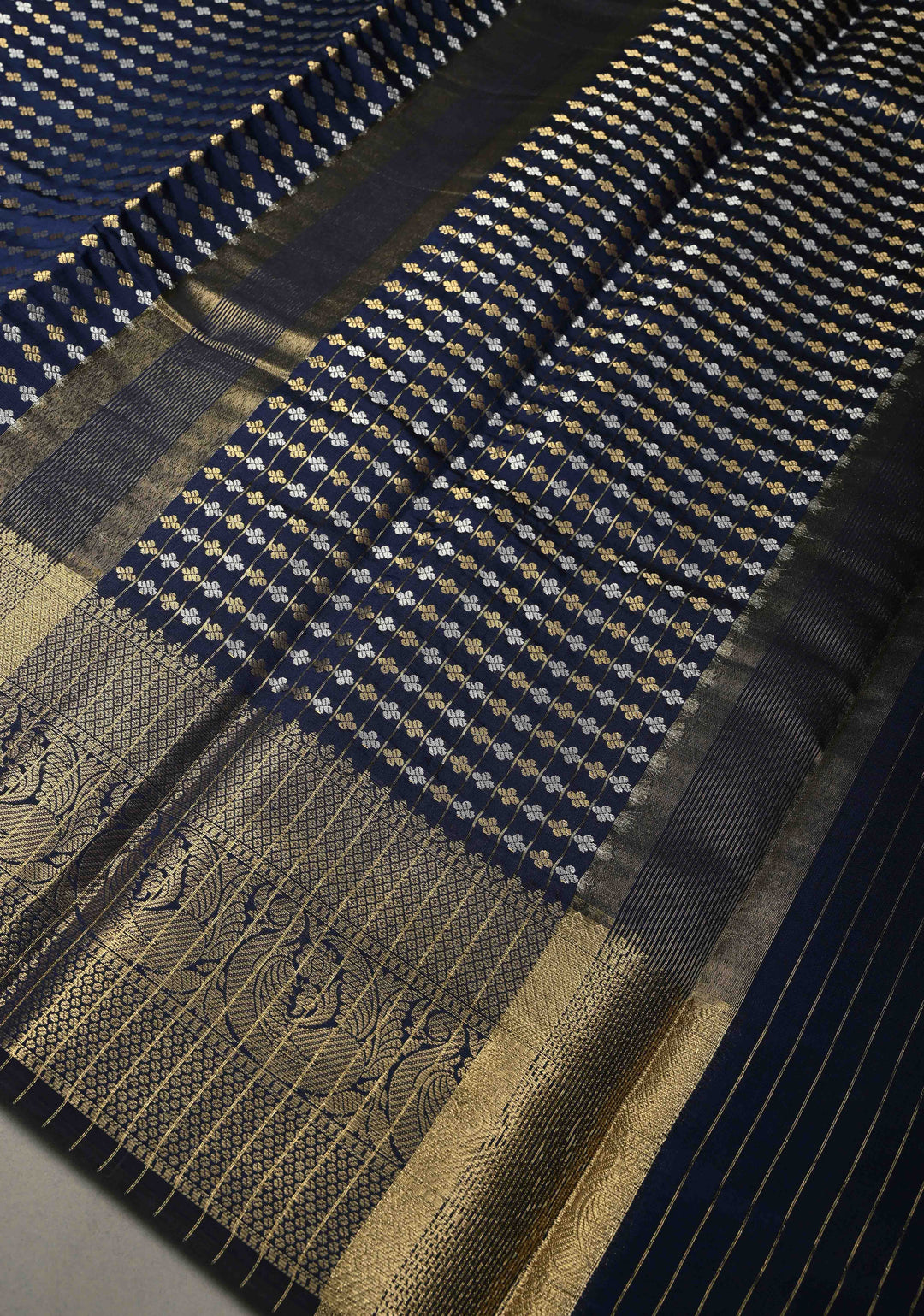 Navy Blue Semi Silk Saree with Sona Rupa Zari Buttis Brocade and Zari Border  | SHOBITAM