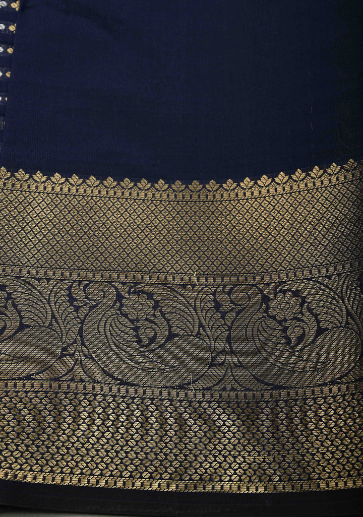 Navy Blue Semi Silk Saree with Sona Rupa Zari Buttis Brocade and Zari Border  | SHOBITAM