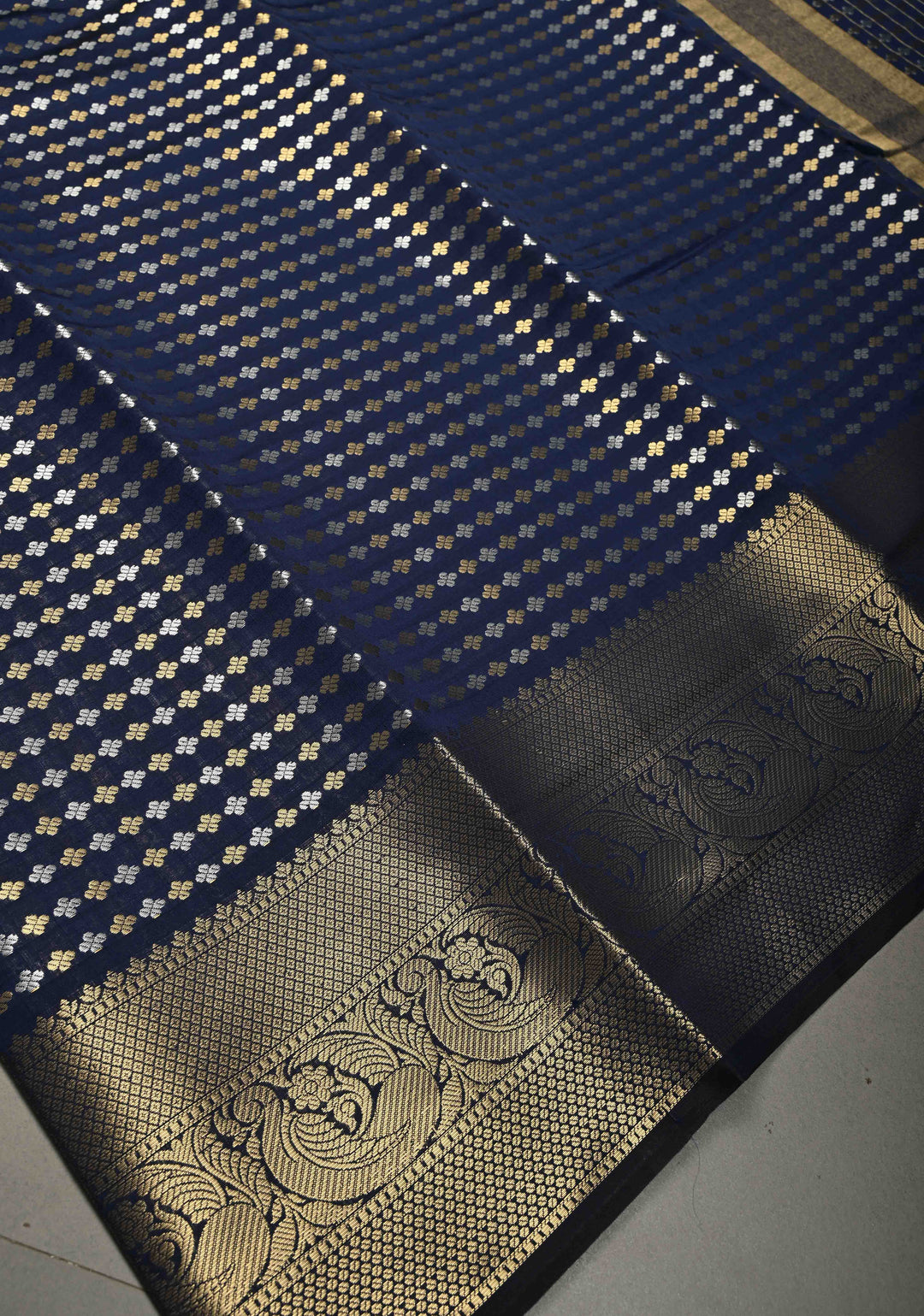 Navy Blue Semi Silk Saree with Sona Rupa Zari Buttis Brocade and Zari Border  | SHOBITAM