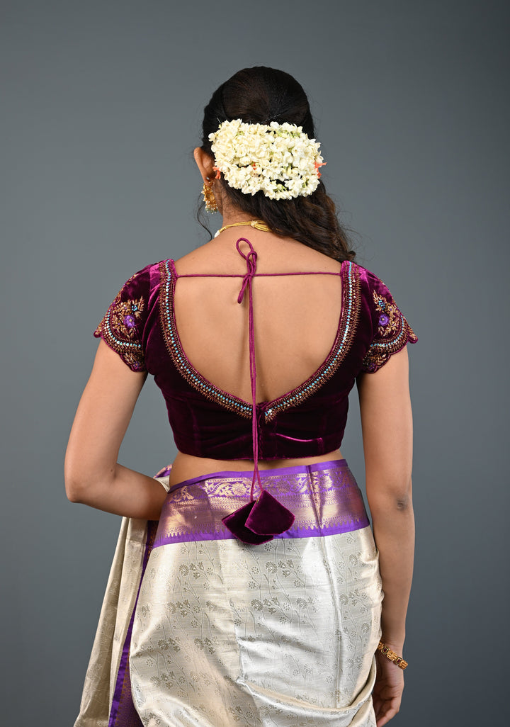 Purple Velvet Blouse with Antique Gold Floral Hand Zardosi, Sequins and Resham Meenakari work, Made to Order, Customizable