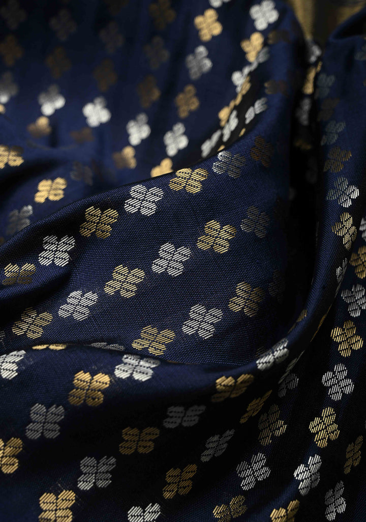 Navy Blue Semi Silk Saree with Sona Rupa Zari Buttis Brocade and Zari Border  | SHOBITAM