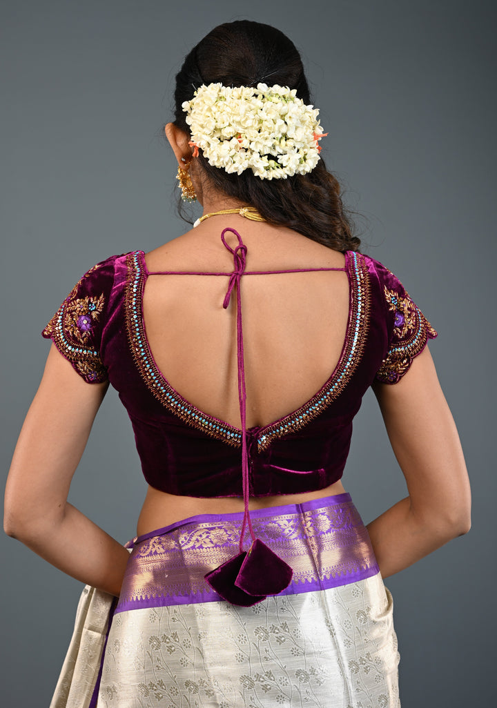 Purple Velvet Blouse with Antique Gold Floral Hand Zardosi, Sequins and Resham Meenakari work, Made to Order, Customizable