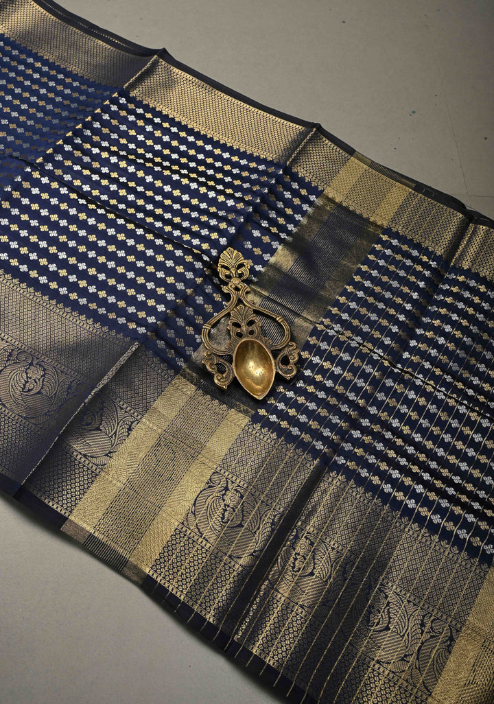 Navy Blue Semi Silk Saree with Sona Rupa Zari Buttis Brocade and Zari Border  | SHOBITAM