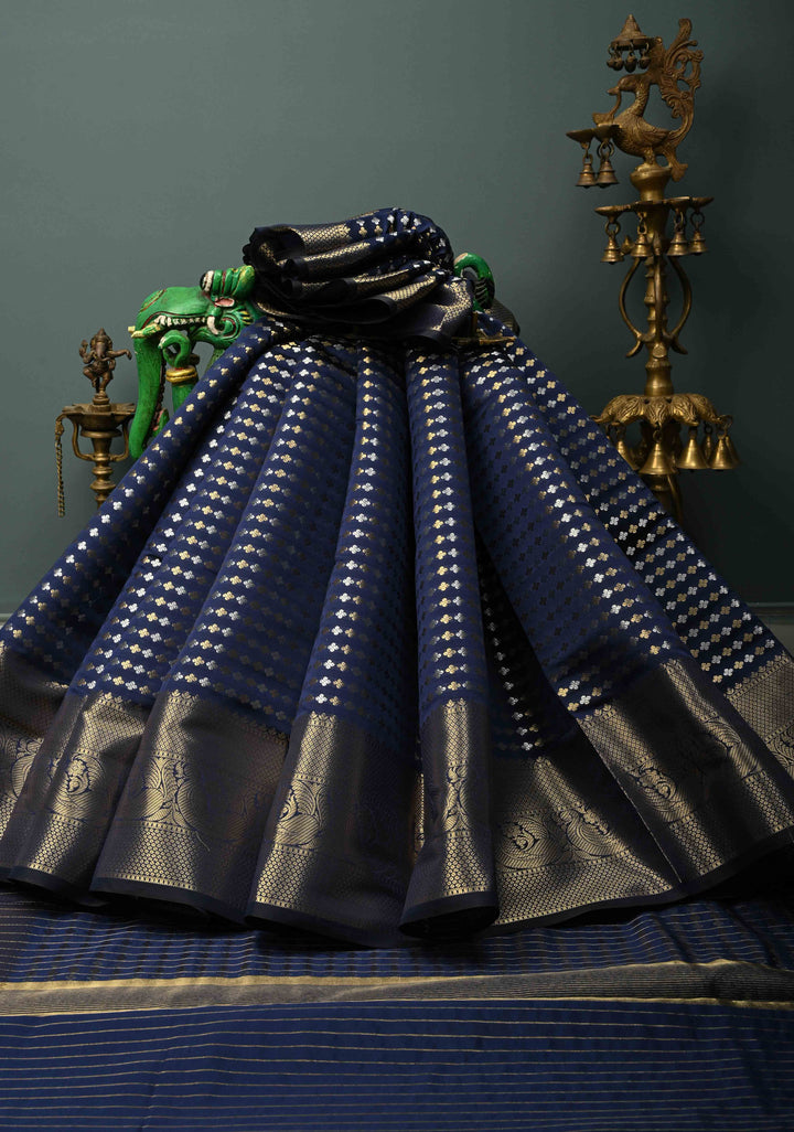 Navy Blue Semi Silk Saree with Sona Rupa Zari Buttis Brocade and Zari Border  | SHOBITAM