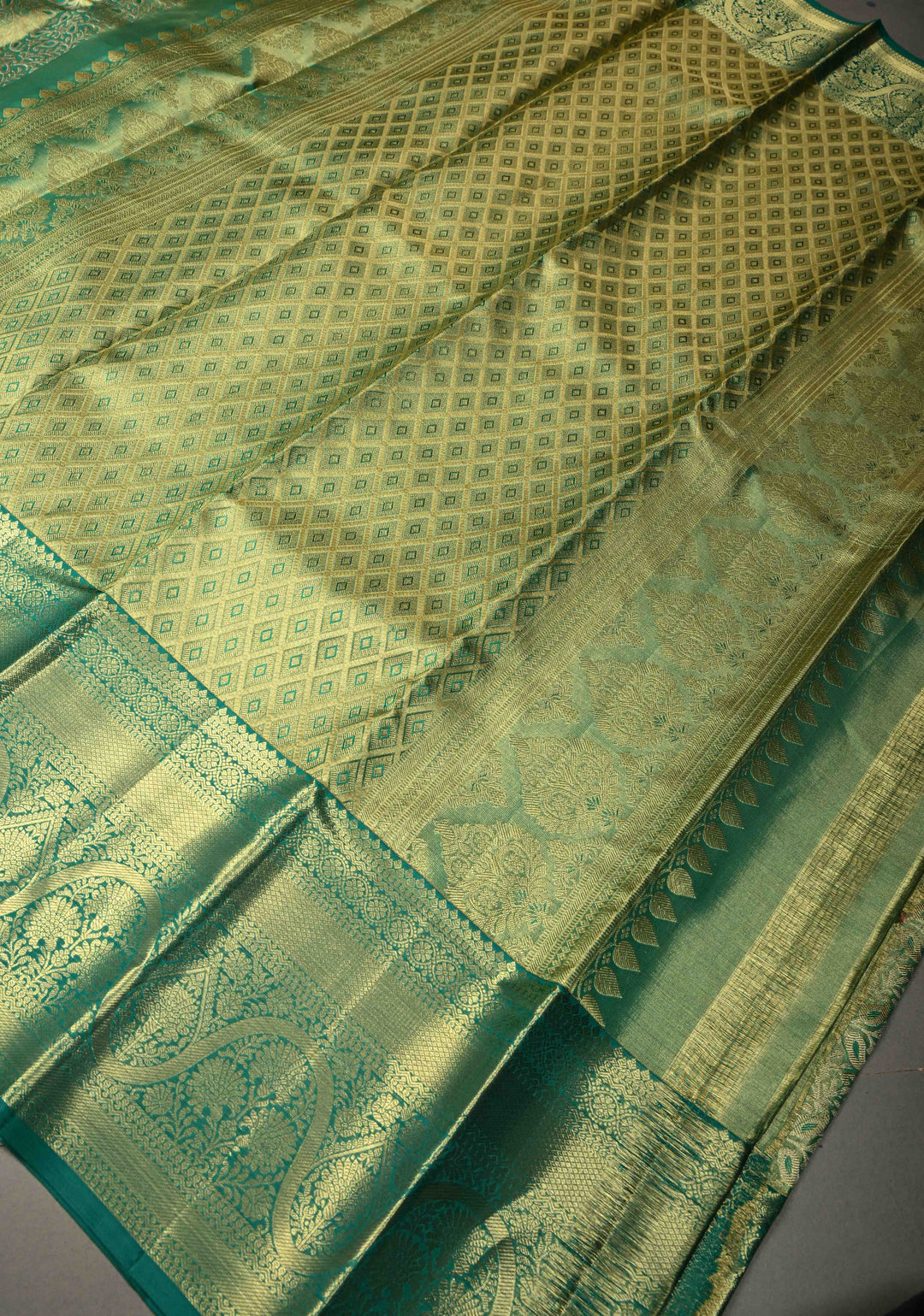 Pastel Green Tissue Kanjivaram Pure Silk Saree with Meenakari Floral Brocade Jaal and Zari Border | SILK MARK CERTIFIED | SHOBITAM