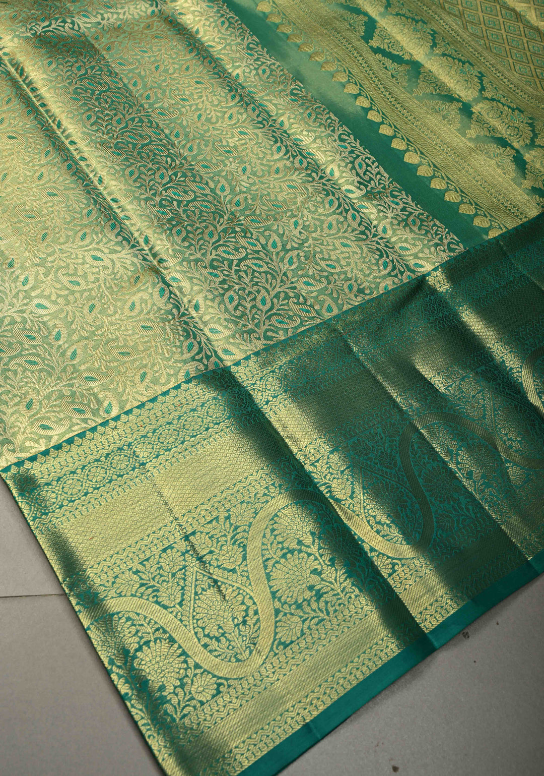 Pastel Green Tissue Kanjivaram Pure Silk Saree with Meenakari Floral Brocade Jaal and Zari Border | SILK MARK CERTIFIED | SHOBITAM