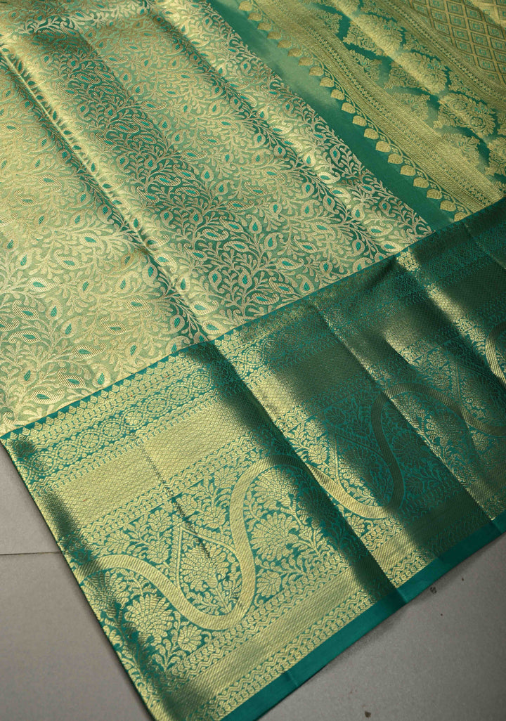 Pastel Green Tissue Kanjivaram Pure Silk Saree with Meenakari Floral Brocade Jaal and Zari Border | SILK MARK CERTIFIED | SHOBITAM