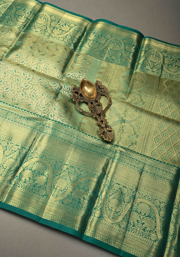 Pastel Green Tissue Kanjivaram Pure Silk Saree with Meenakari Floral Brocade Jaal and Zari Border | SILK MARK CERTIFIED | SHOBITAM