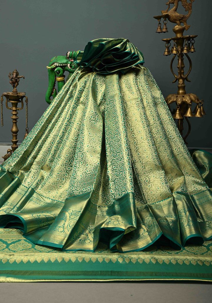 Pastel Green Tissue Kanjivaram Pure Silk Saree with Meenakari Floral Brocade Jaal and Zari Border | SILK MARK CERTIFIED | SHOBITAM