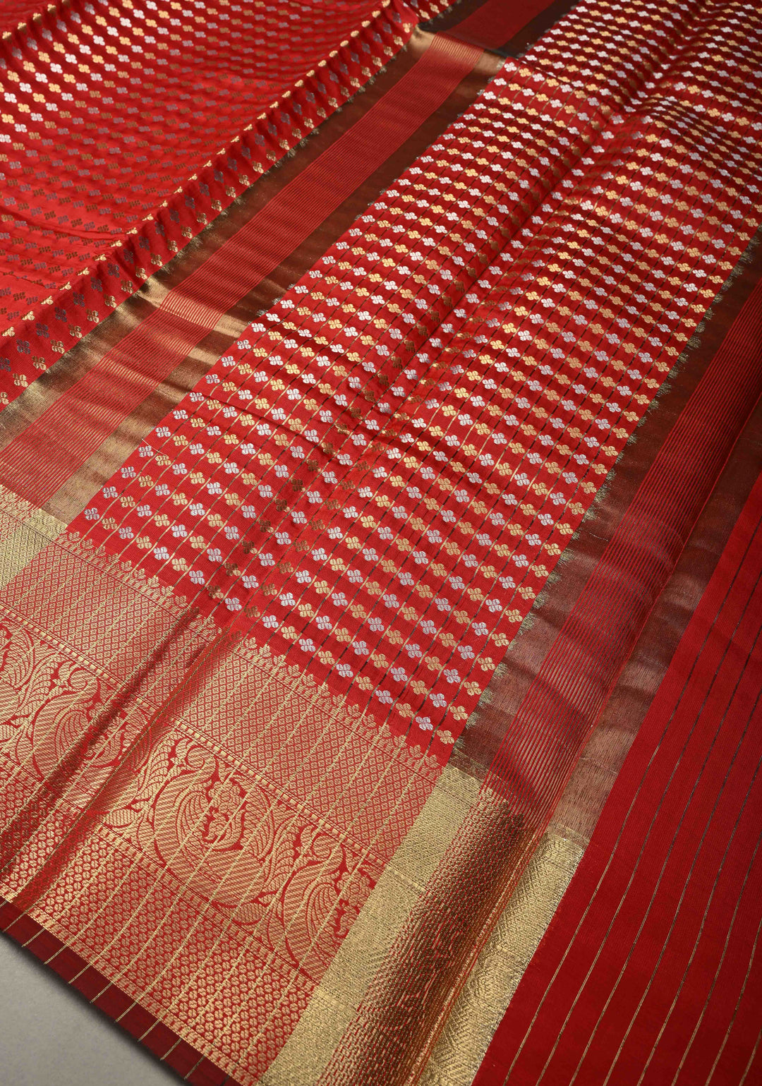 Blood Red Semi Silk Saree with Sona Rupa Zari Buttis Brocade and Zari Border | SHOBITAM