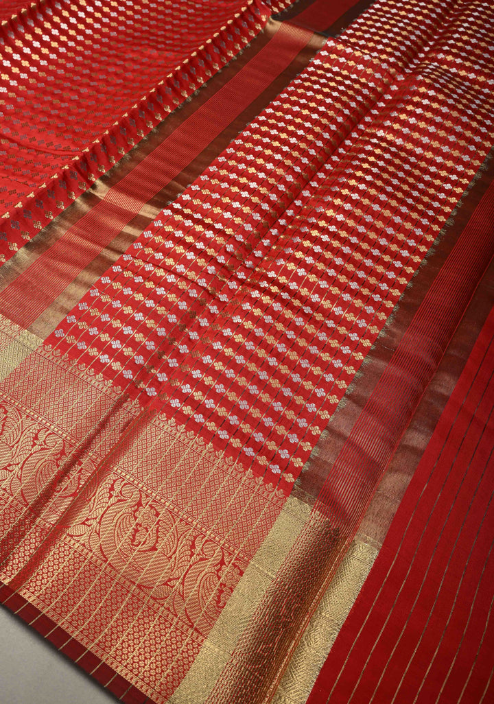 Blood Red Semi Silk Saree with Sona Rupa Zari Buttis Brocade and Zari Border | SHOBITAM