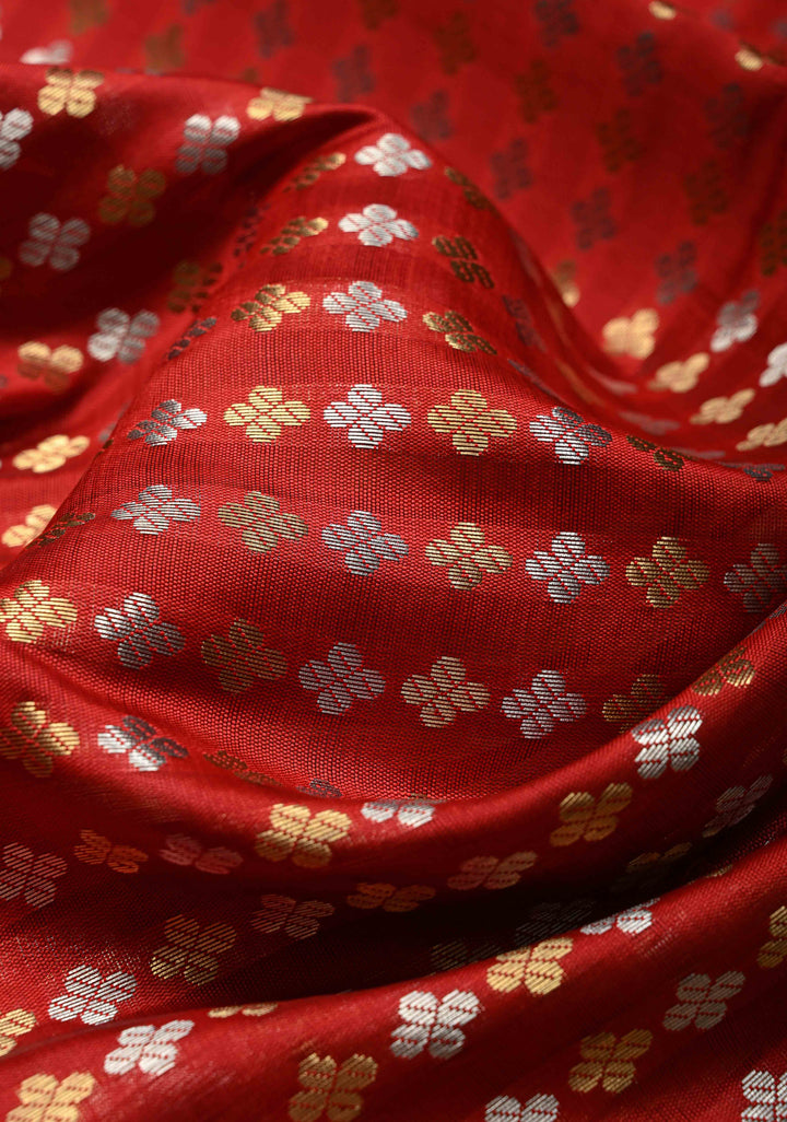 Blood Red Semi Silk Saree with Sona Rupa Zari Buttis Brocade and Zari Border | SHOBITAM