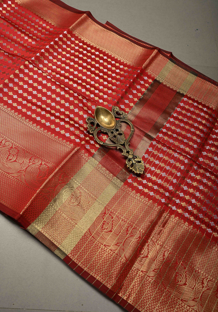 Blood Red Semi Silk Saree with Sona Rupa Zari Buttis Brocade and Zari Border | SHOBITAM