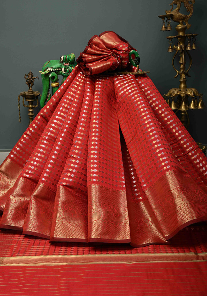 Blood Red Semi Silk Saree with Sona Rupa Zari Buttis Brocade and Zari Border | SHOBITAM