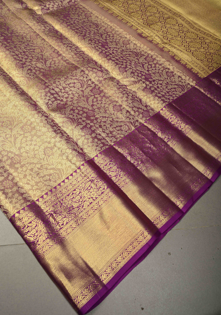 Purple Tissue Kanjivaram Pure Silk Saree with Meenakari Floral Brocade Jaal and Zari Border | SILK MARK CERTIFIED