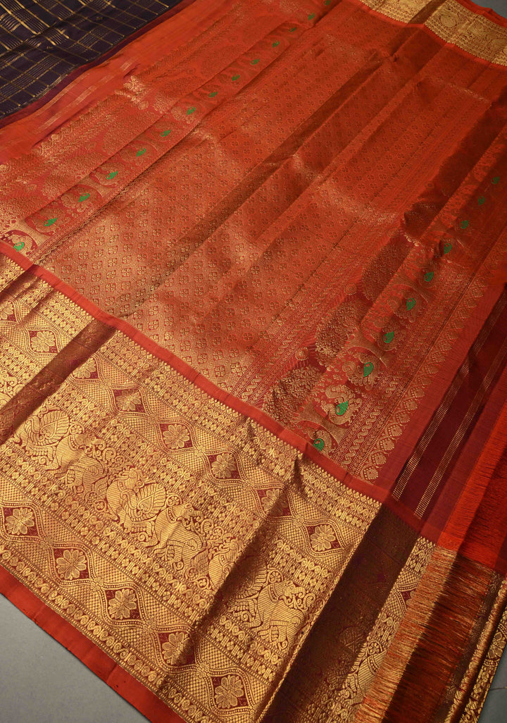 Deep Eggplant Purple Zari Checks on Gadwal Silk Saree with Zari Buttas and Contrast Wide Zari Border | SILK MARK CERTIFIED | SHOBITAM