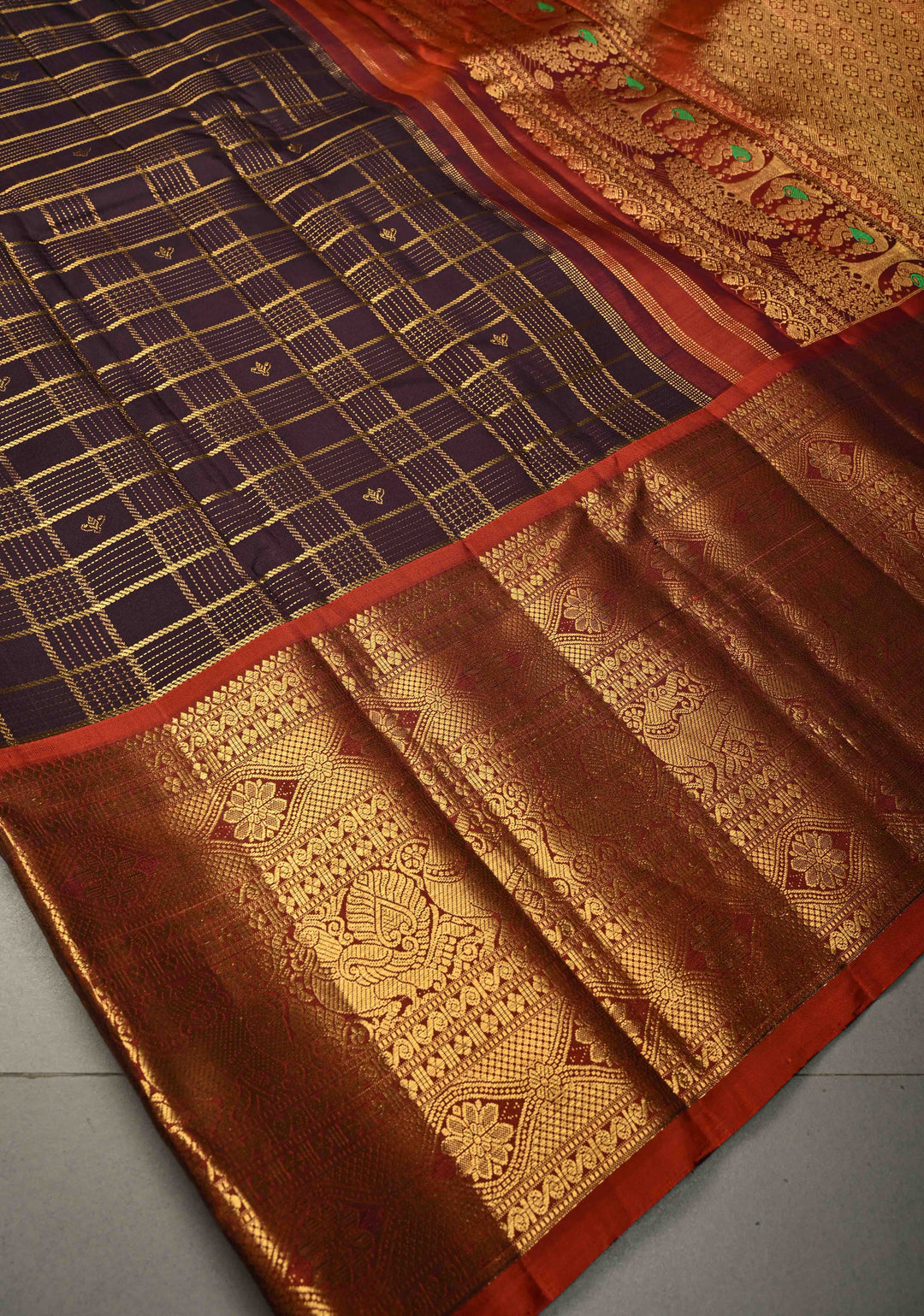 Deep Eggplant Purple Zari Checks on Gadwal Silk Saree with Zari Buttas and Contrast Wide Zari Border | SILK MARK CERTIFIED | SHOBITAM