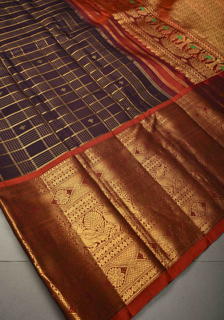 Deep Eggplant Purple Zari Checks on Gadwal Silk Saree with Zari Buttas and Contrast Wide Zari Border | SILK MARK CERTIFIED | SHOBITAM