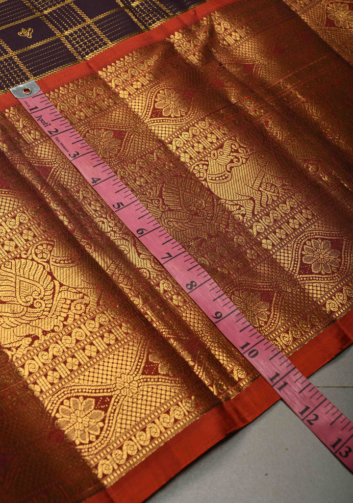 Deep Eggplant Purple Zari Checks on Gadwal Silk Saree with Zari Buttas and Contrast Wide Zari Border | SILK MARK CERTIFIED | SHOBITAM