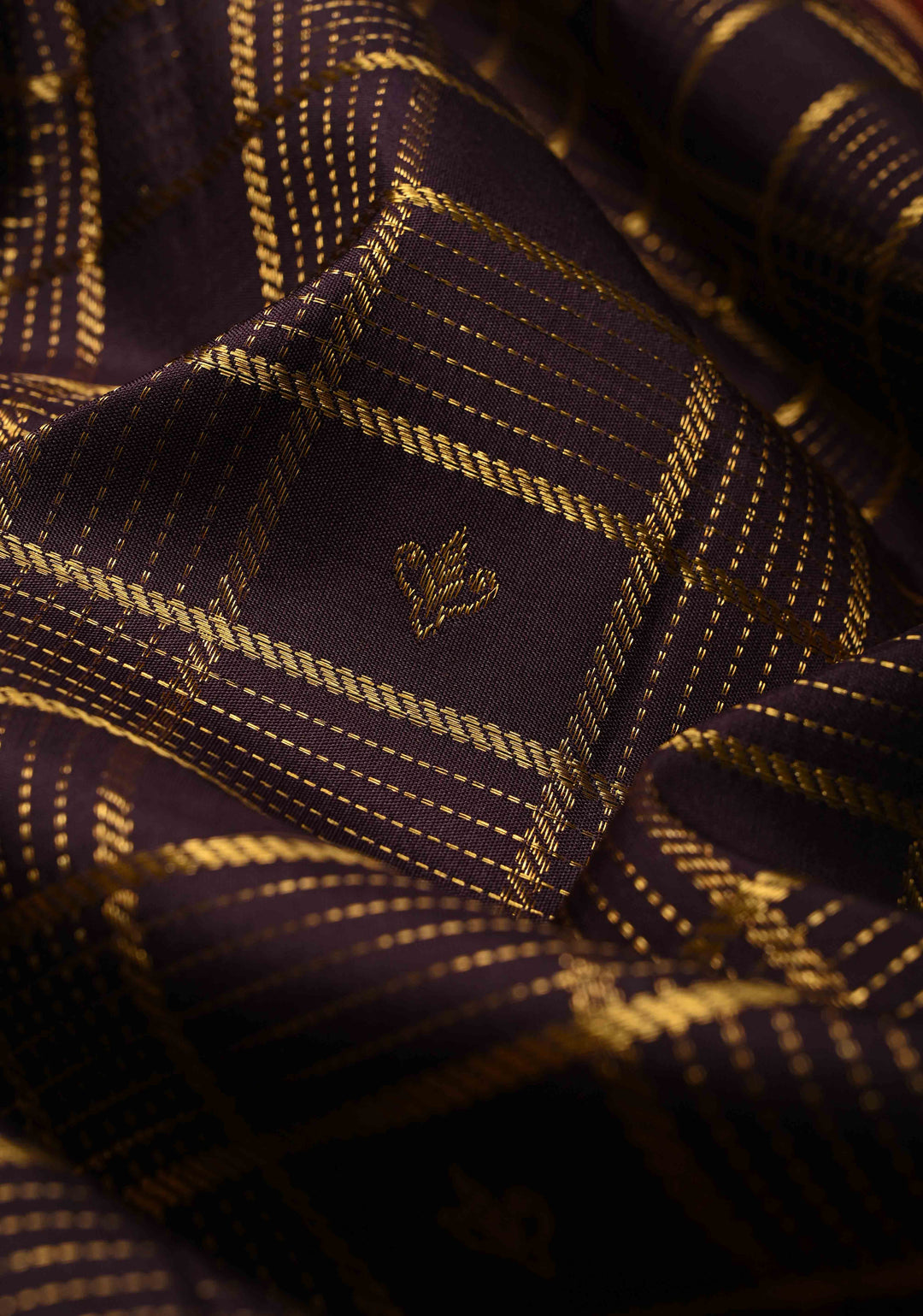 Deep Eggplant Purple Zari Checks on Gadwal Silk Saree with Zari Buttas and Contrast Wide Zari Border | SILK MARK CERTIFIED | SHOBITAM