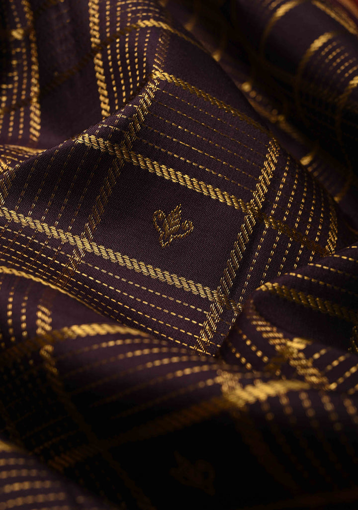 Deep Eggplant Purple Zari Checks on Gadwal Silk Saree with Zari Buttas and Contrast Wide Zari Border | SILK MARK CERTIFIED | SHOBITAM