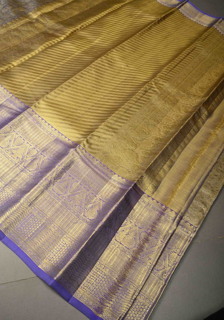 Light Blue-Gold Tissue Kanjivaram Pure Silk Saree with Meenakari Floral Brocade Jaal and Zari Border | SILK MARK CERTIFIED | SHOBITAM