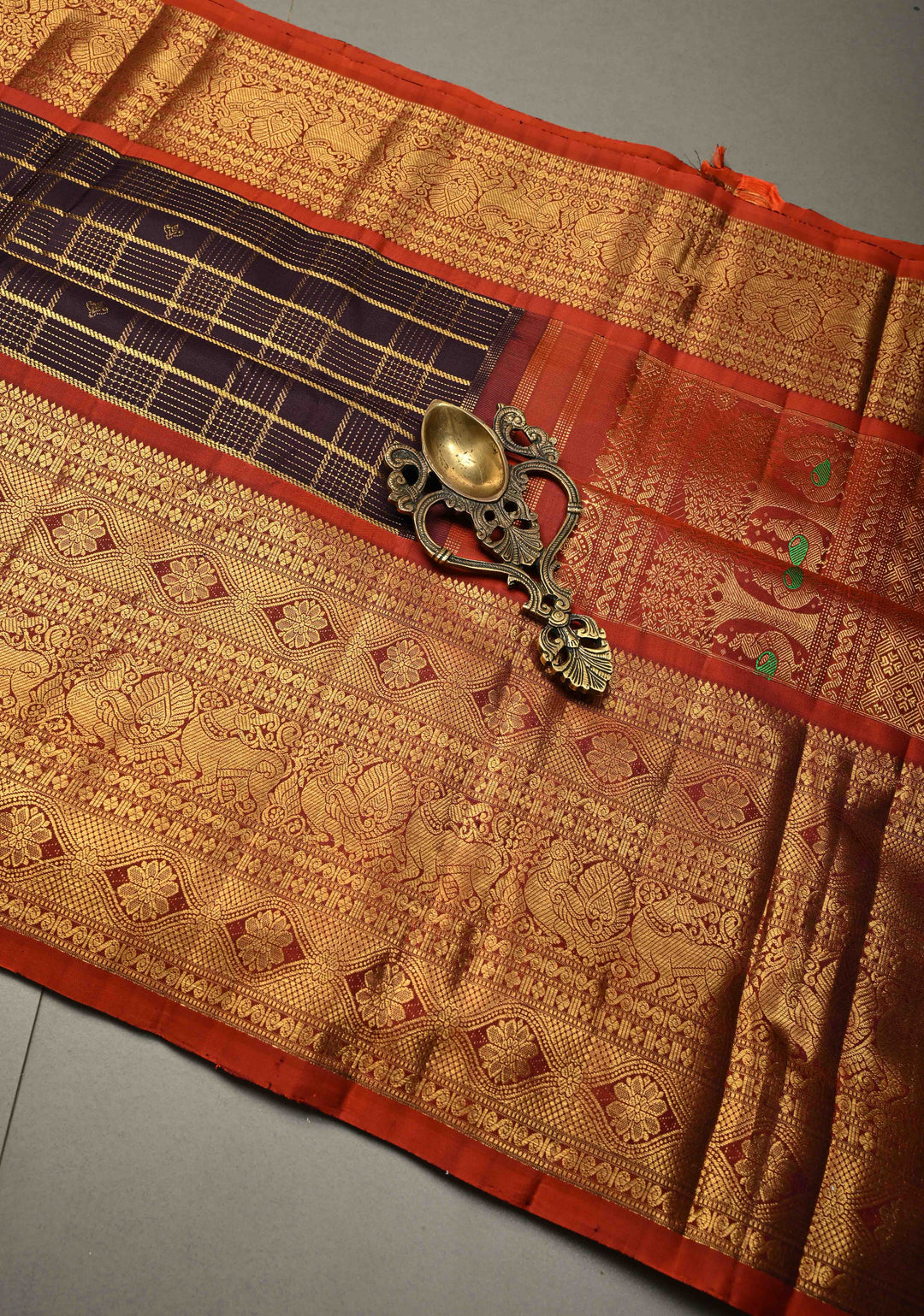 Deep Eggplant Purple Zari Checks on Gadwal Silk Saree with Zari Buttas and Contrast Wide Zari Border | SILK MARK CERTIFIED | SHOBITAM