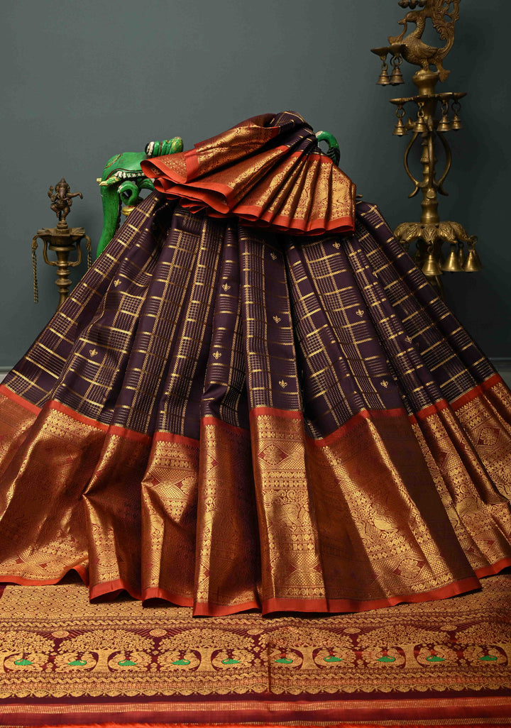 Deep Eggplant Purple Zari Checks on Gadwal Silk Saree with Zari Buttas and Contrast Wide Zari Border | SILK MARK CERTIFIED | SHOBITAM