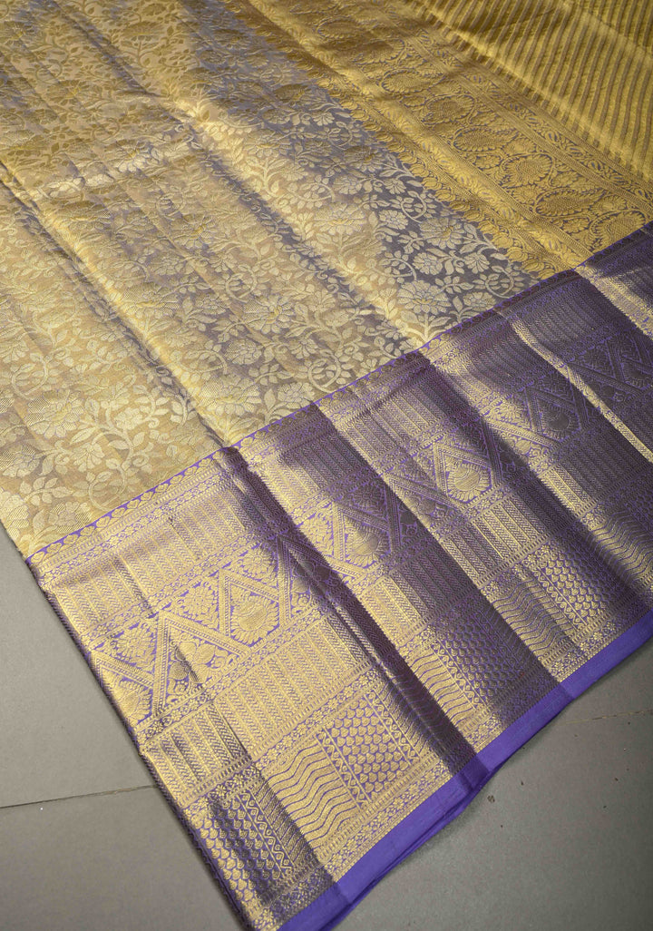 Light Blue-Gold Tissue Kanjivaram Pure Silk Saree with Meenakari Floral Brocade Jaal and Zari Border | SILK MARK CERTIFIED | SHOBITAM