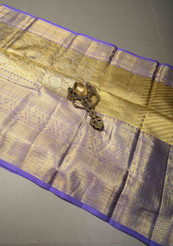 Light Blue-Gold Tissue Kanjivaram Pure Silk Saree with Meenakari Floral Brocade Jaal and Zari Border | SILK MARK CERTIFIED | SHOBITAM
