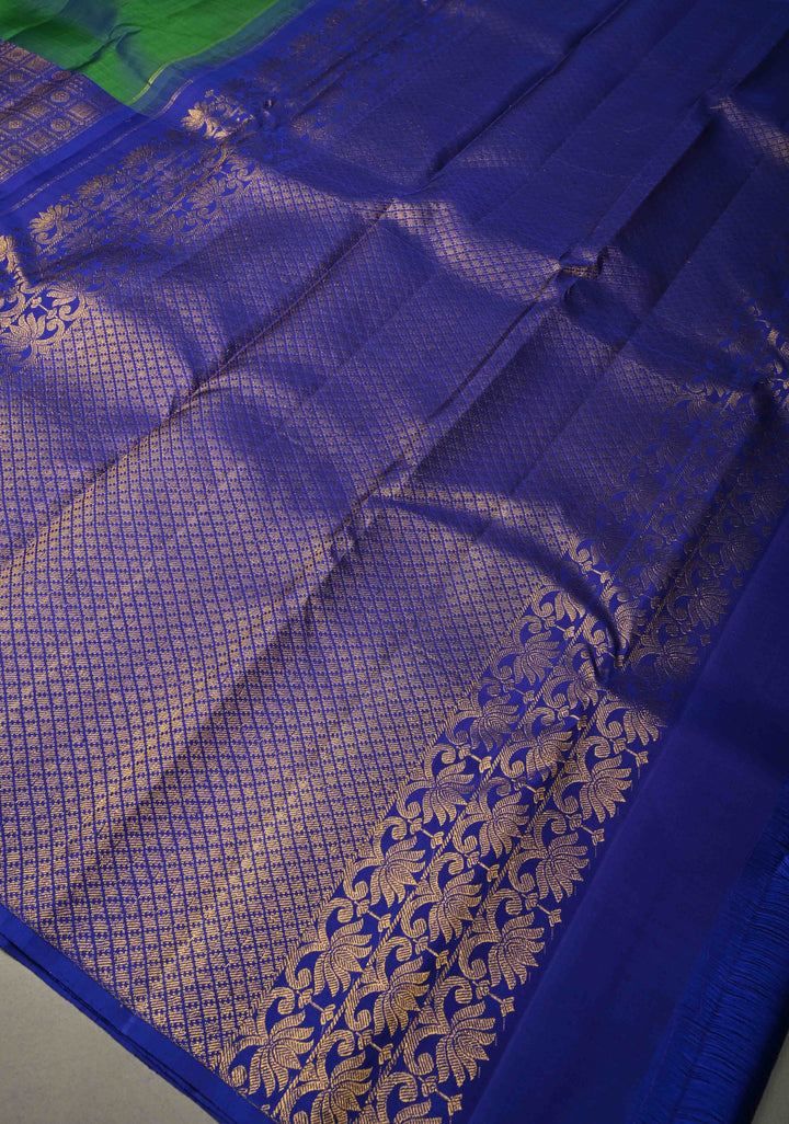 Peacock Green Dual Tone Pure Kanjivaram Silk Saree with One Side Contrast Patola Skirt Zari Border | SILK MARK CERTIFIED | SHOBITAM