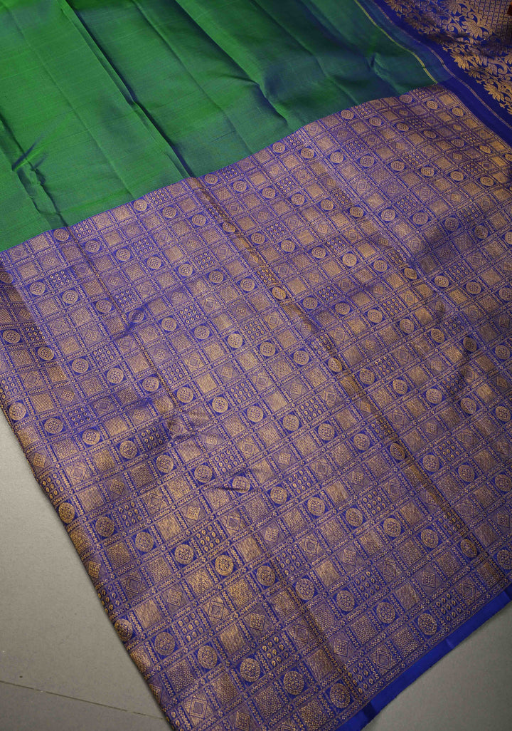 Peacock Green Dual Tone Pure Kanjivaram Silk Saree with One Side Contrast Patola Skirt Zari Border | SILK MARK CERTIFIED | SHOBITAM