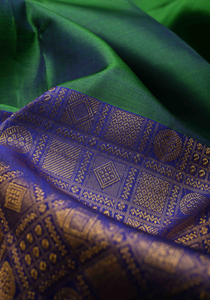Peacock Green Dual Tone Pure Kanjivaram Silk Saree with One Side Contrast Patola Skirt Zari Border | SILK MARK CERTIFIED | SHOBITAM